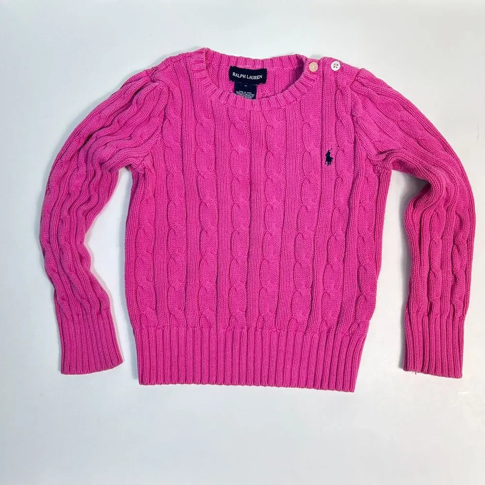 Ralph Lauren Little Girls Hot Pink Cotton Cable Knit LS Crewneck Sweater Size 5